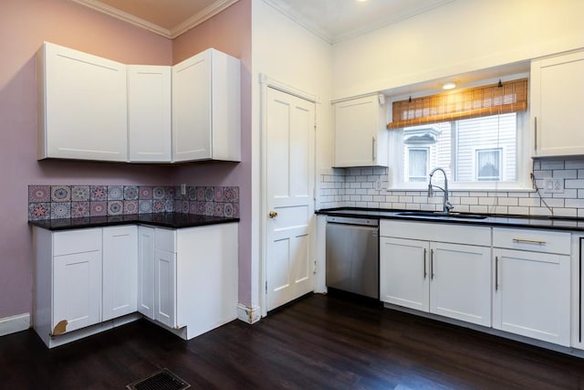 kitchen featuring dark hardwood / wood-style flooring, sink, white cabinets, and dishwasher