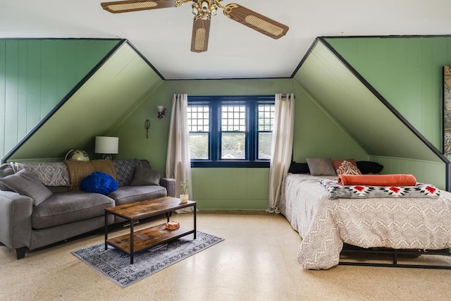 bedroom with ceiling fan and vaulted ceiling