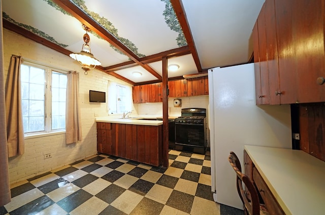 kitchen featuring hanging light fixtures, black range with gas cooktop, brick wall, and vaulted ceiling with beams