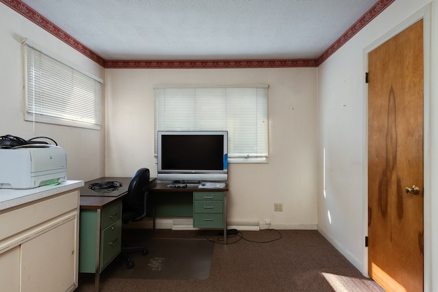 carpeted office featuring baseboard heating and a textured ceiling