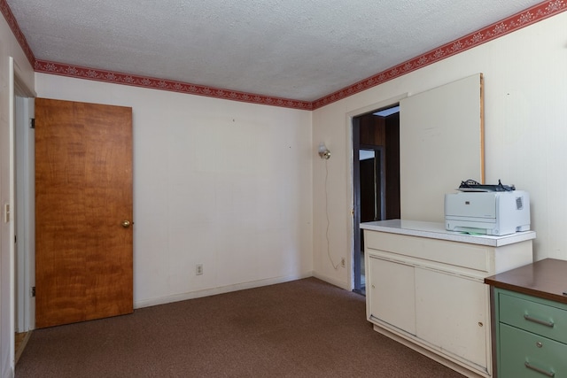 interior space with a textured ceiling and carpet flooring