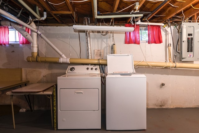 laundry room with electric panel and washing machine and dryer