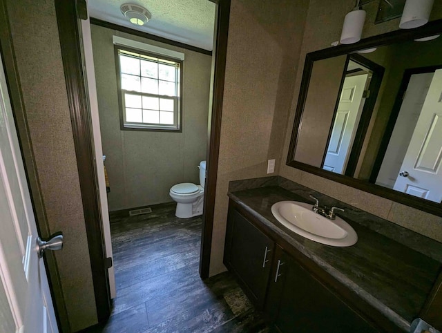 bathroom featuring vanity, hardwood / wood-style floors, a textured ceiling, and toilet