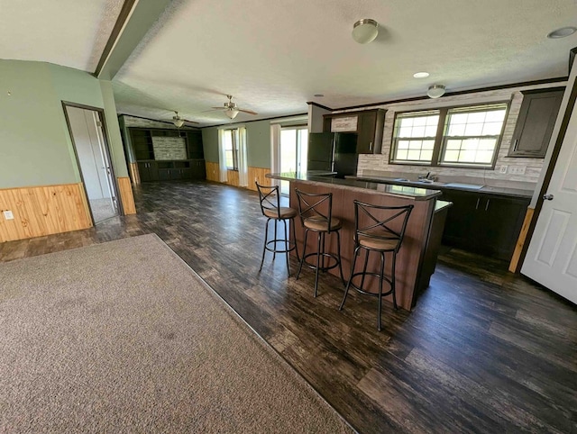 kitchen featuring dark hardwood / wood-style floors, a kitchen island, plenty of natural light, and ceiling fan