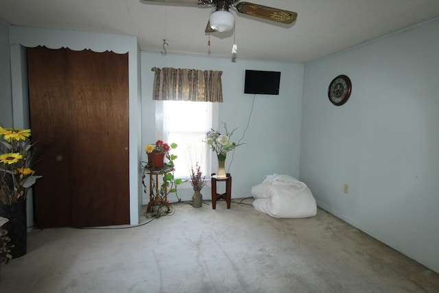 interior space featuring carpet flooring and ceiling fan