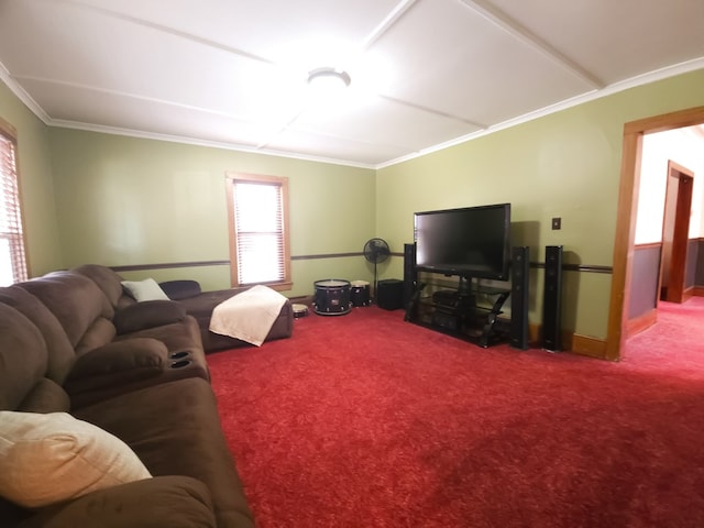 living room featuring carpet flooring and ornamental molding