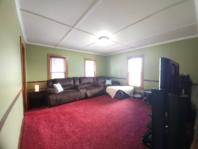 living room featuring carpet flooring and ornamental molding