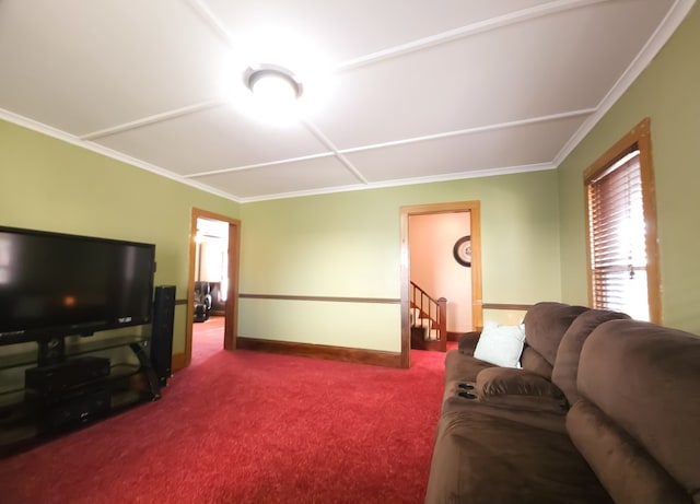 living room featuring carpet floors and ornamental molding