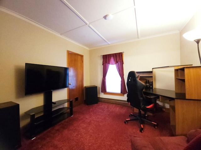 home office featuring crown molding and dark colored carpet