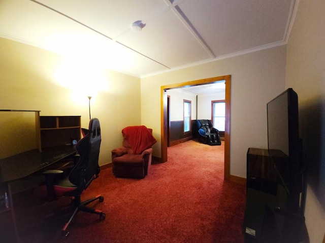 office area featuring carpet and ornamental molding