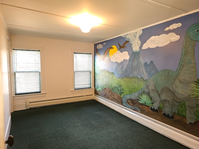 carpeted empty room featuring a wealth of natural light and a baseboard heating unit