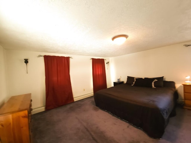 carpeted bedroom featuring a textured ceiling and a baseboard radiator