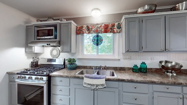 kitchen with stainless steel appliances, gray cabinets, crown molding, and sink