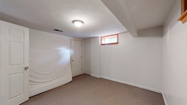 basement with carpet floors and a textured ceiling