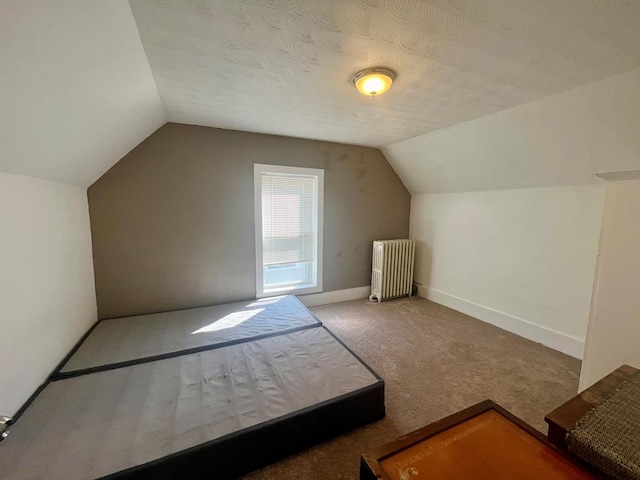 additional living space with radiator, a textured ceiling, carpet, and lofted ceiling