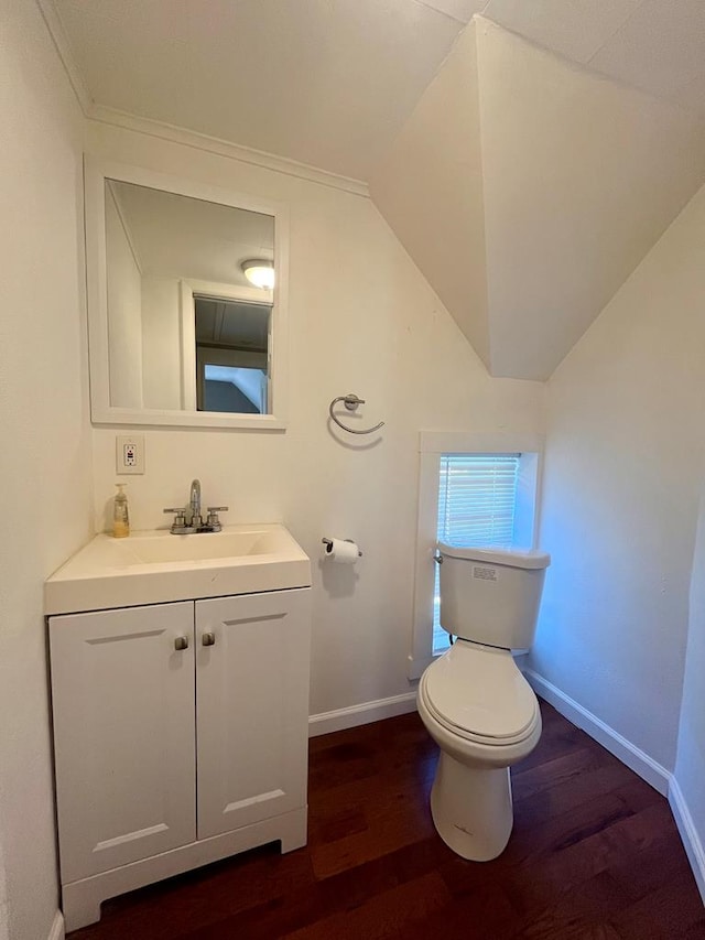 bathroom featuring vanity, vaulted ceiling, hardwood / wood-style flooring, and toilet