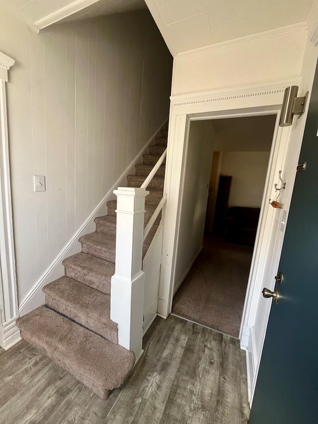 staircase featuring crown molding, hardwood / wood-style flooring, and wooden walls