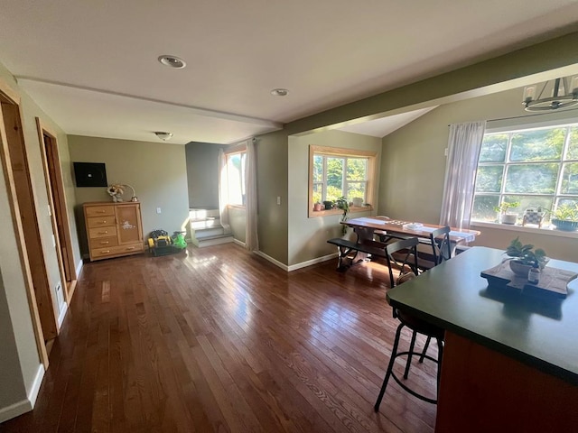 dining area with dark hardwood / wood-style flooring, vaulted ceiling, and a wealth of natural light