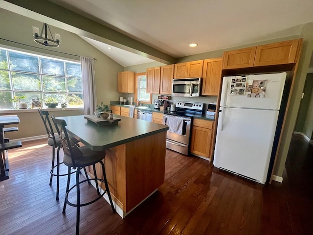 kitchen with stainless steel appliances, a center island, a chandelier, and dark hardwood / wood-style floors