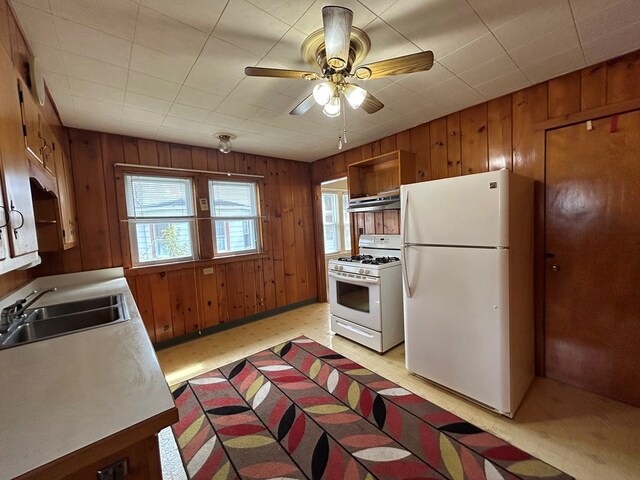 kitchen featuring plenty of natural light, wood walls, sink, and white appliances