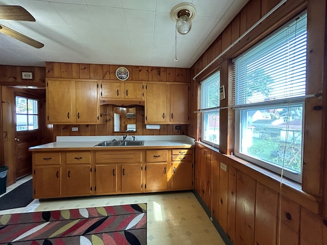 kitchen featuring sink, ceiling fan, and wood walls