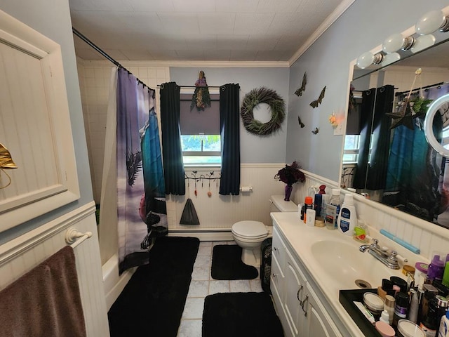 bathroom with toilet, a baseboard radiator, crown molding, vanity, and curtained shower