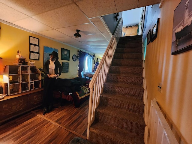 stairway with wood-type flooring and a paneled ceiling