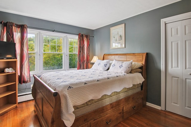 bedroom featuring dark hardwood / wood-style flooring, a baseboard radiator, and a closet