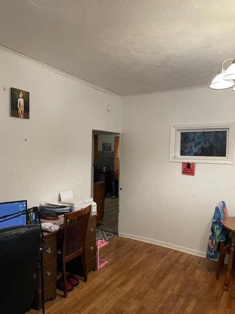 office with a textured ceiling and dark hardwood / wood-style flooring