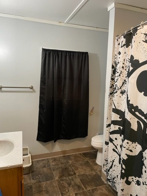 bathroom featuring curtained shower, vanity, and toilet