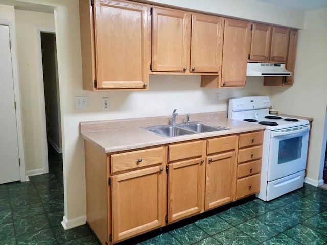 kitchen with electric stove, sink, and light brown cabinets