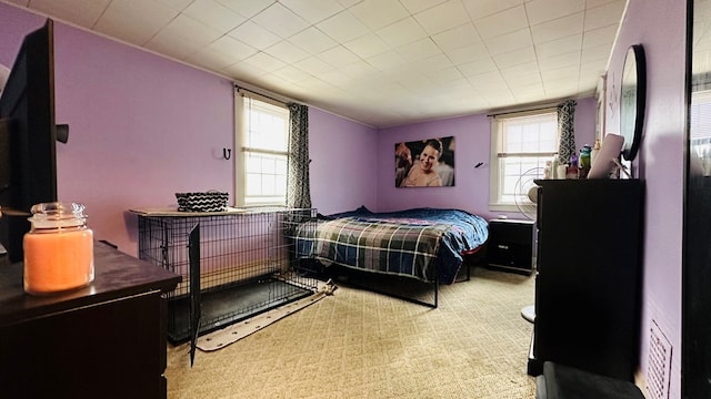 carpeted bedroom featuring multiple windows