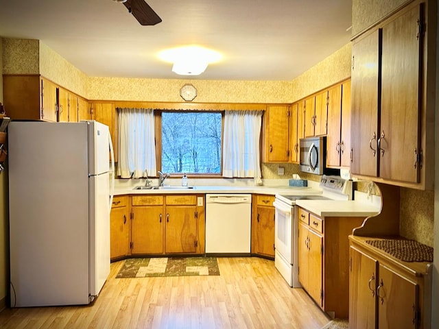 kitchen featuring sink, white appliances, and light hardwood / wood-style floors