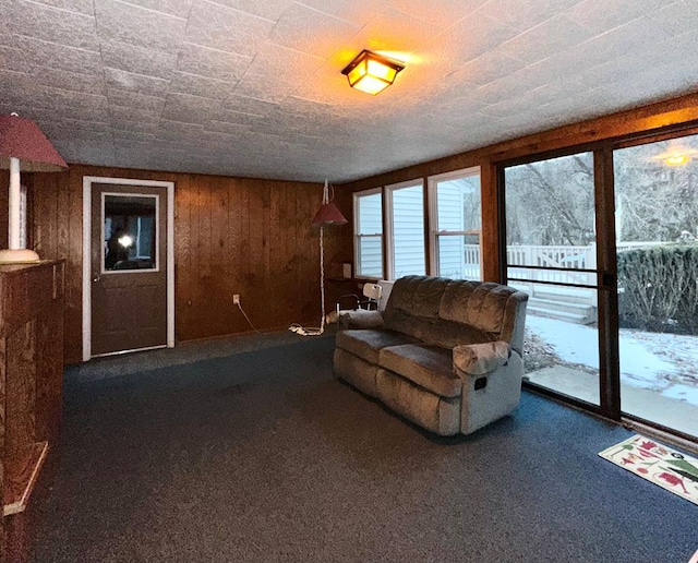 living room with wooden walls and dark colored carpet