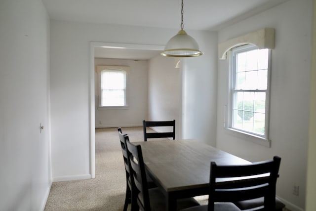 dining space featuring a healthy amount of sunlight and light colored carpet