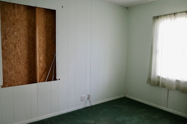 empty room featuring carpet and wooden walls