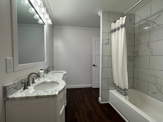 bathroom with shower / bath combination with curtain, vanity, hardwood / wood-style flooring, and ornamental molding