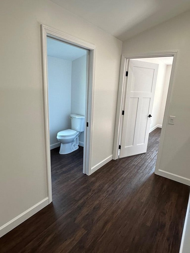 corridor with lofted ceiling and dark wood-type flooring