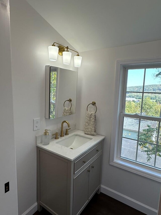 bathroom featuring hardwood / wood-style floors, vanity, a healthy amount of sunlight, and lofted ceiling