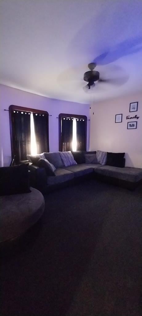 carpeted home theater room featuring ceiling fan