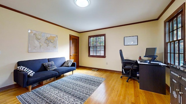 office area featuring crown molding and light hardwood / wood-style floors