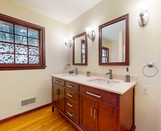 bathroom with hardwood / wood-style floors and vanity