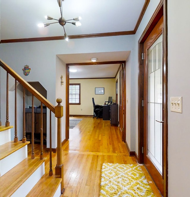 foyer featuring hardwood / wood-style floors, crown molding, and a chandelier