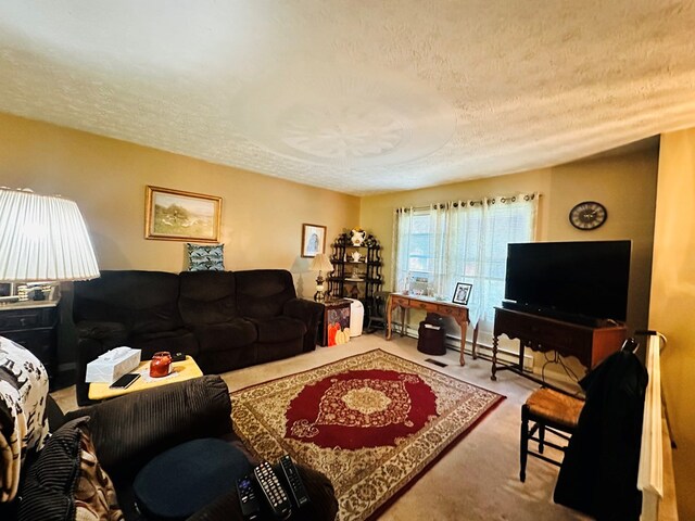 living room with carpet, a textured ceiling, and a baseboard radiator