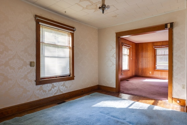 unfurnished room with wooden walls, a healthy amount of sunlight, and light hardwood / wood-style floors