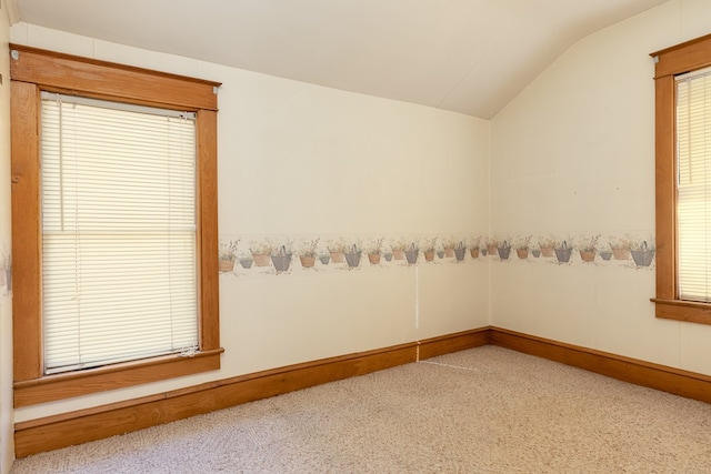 carpeted empty room with a healthy amount of sunlight and lofted ceiling