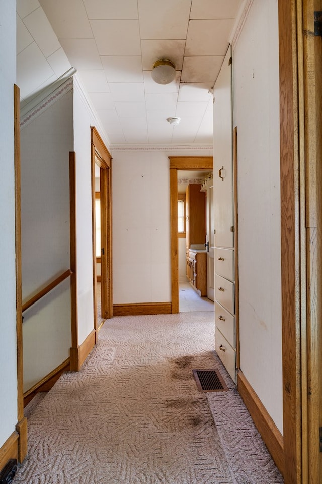 hallway with ornamental molding and light carpet