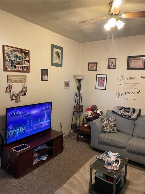 living room with carpet flooring and ceiling fan