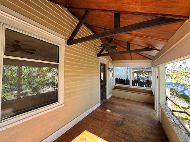 exterior space with ceiling fan