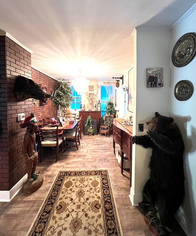 hallway featuring brick wall, hardwood / wood-style floors, and crown molding